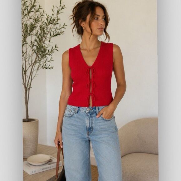 Abercrombie & Fitch Tops - Abercrombie & Fitch Red Ribbed Tie Front Sweater Vest Top NWT Size M Coquette